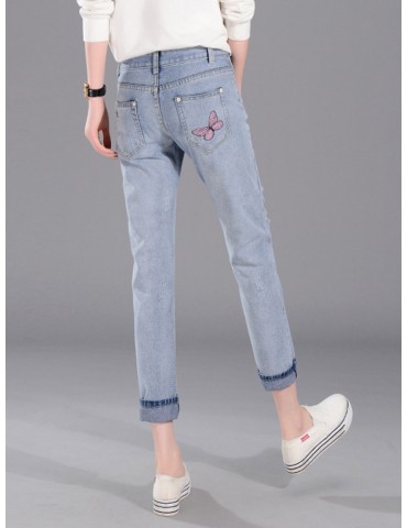Butterfly Embroidered Hole Harem Jeans