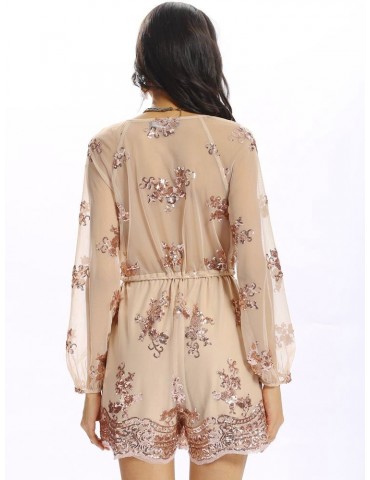Women Sexy Sequins Bandage V-neck Long Sleeve Backless Jumpsuit