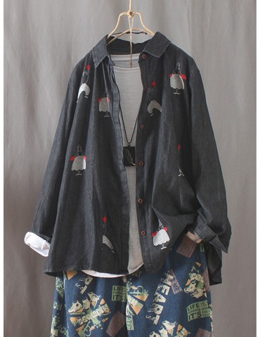 Casual Print Trun-down Collar Button Denim Shirt