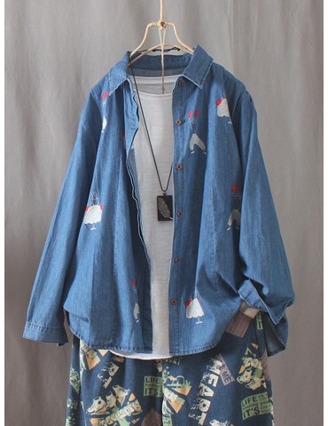 Casual Print Trun-down Collar Button Denim Shirt