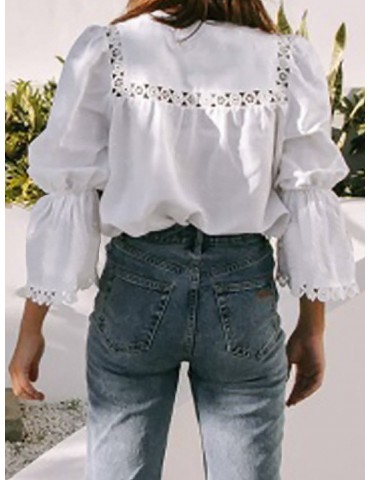Chic Hollow Out Solid Color 3/4 Sleeve Blouse