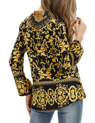 Retro Print Long Sleeve Strap Shirt For Women