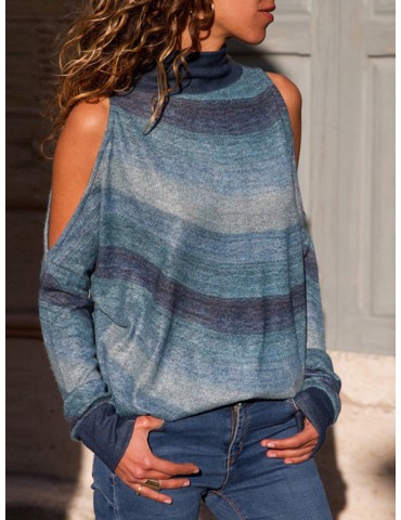 Cold Shoulder Stripe Turtleneck Long Sleeve Blouse For Women