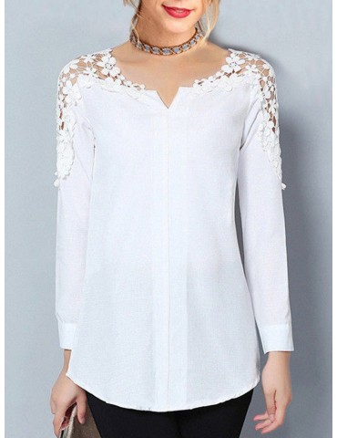 Hollow Shoulder Patchwork Long Sleeve V-neck Pullover Shirt