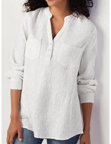 Long Sleeve Solid Color V-neck Loose Blouse For Women