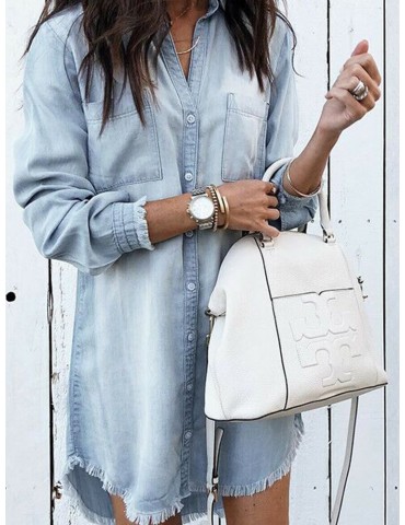 Casual Solid Color Button Long Sleeve Denim Blouse