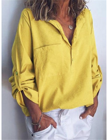 Chic Solid Color V Neck Pockets Long Sleeve Blouse