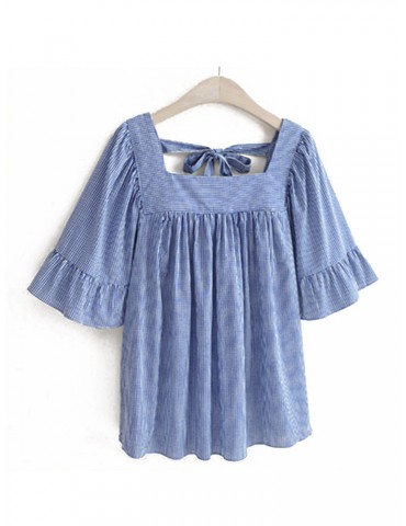 Plaid Short Sleeve Back Bow Tie Square Neck Shirts