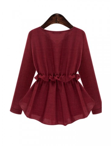 Linen Solid Color Long Sleeve Drawstring Waist Shirt