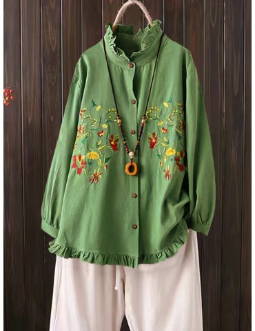 Casual Embroidery Ruffles Button Blouse