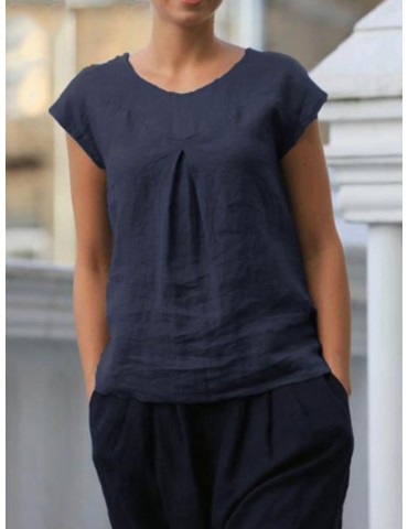 Short Sleeve Pleated Solid Color Casual T-shirt For Women