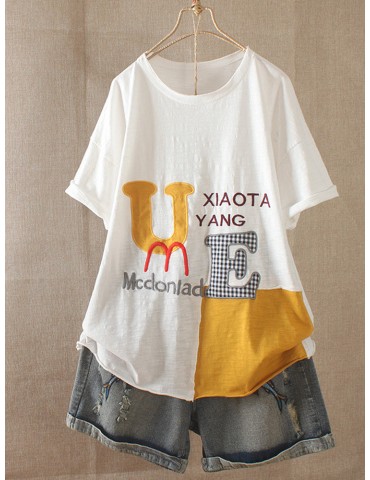 Casual Patch Letters Embroidery Short Sleeve Overhead T-Shirt