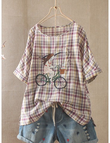 Casual Embroidered Girl Plaid Cute T-Shirt