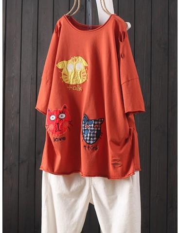 Cat Patch Embroidered Half Sleeve Distressed T-Shirt