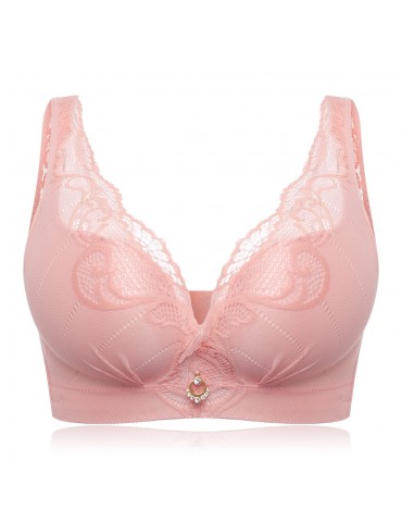 Embroidery Push Up Plunge Wireless Gather Wide Shoulder Bra