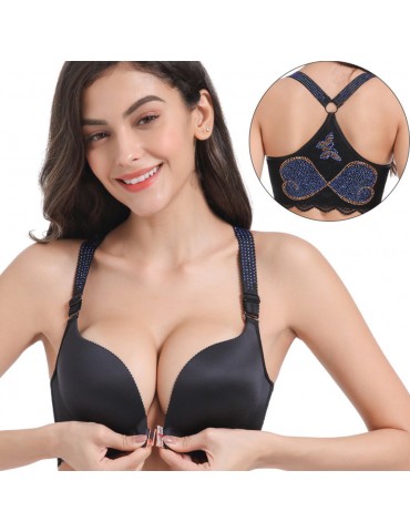 Plus Size Front Closure Wireless T-Type Manual Glitter Back Lightly Lined Seamless Bras