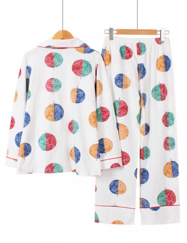 Cotton Women Pajamas Polka Dot Patchwork Long Sets Casual Sleepwear