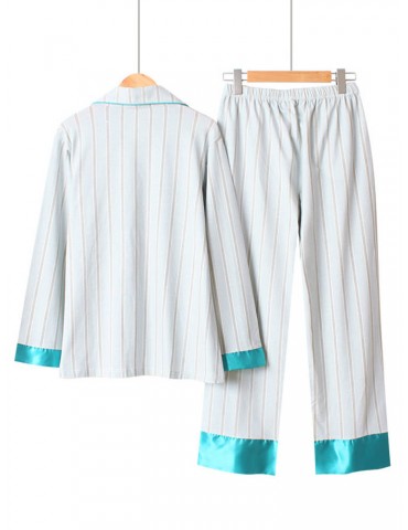 Cotton Autumn Pajamas For Women Striped Silk Patchwork Long Sets Casual Sleepwear