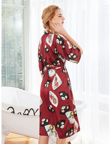 Plus Size Casual Pajamas Fan Print Silk Short Sleeves Mid-Calf Robe Sleepwear