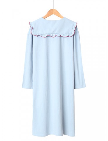 Cotton Long One Piece Pajamas Print Flounce Neck Cute Sweet Casual Loose Blue Sleepwear