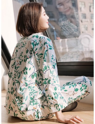 Cotton Pajamas Long Sets Trees Print Woodpecker Casual Sleepwear