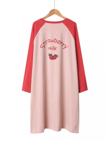 Plus Size Pajamas For Women Strawberry Print Cotton Long Sleeves T-Shirt Nightdress