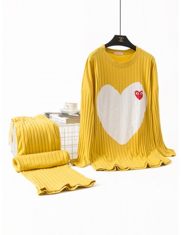 Plus Size Cotton Pajamas Long Sets Big Hearts Print Striped Home Sleepwear