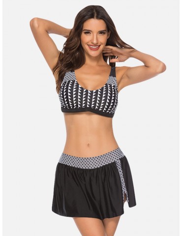 Geometric Print Patchwork Skirt Bottom Sexy Bikinis Swimsuits For Women