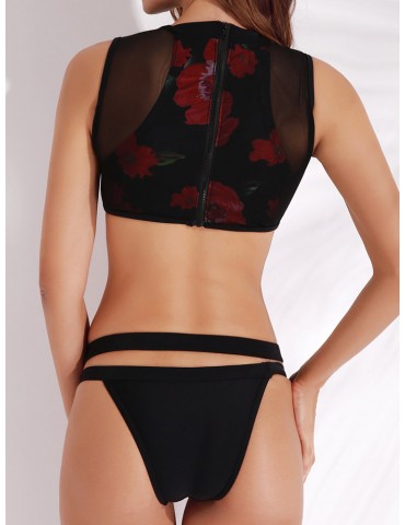 Sexy High Neck Printing Mesh Zipper Strappy Hollow Tankinis Swimwear