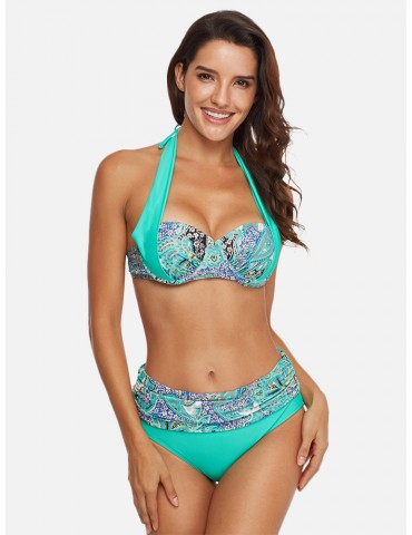 Halter Print Push Up Bikinis Sexy Women Swimsuits Backless Ruffled Bathing Suits By Newchic