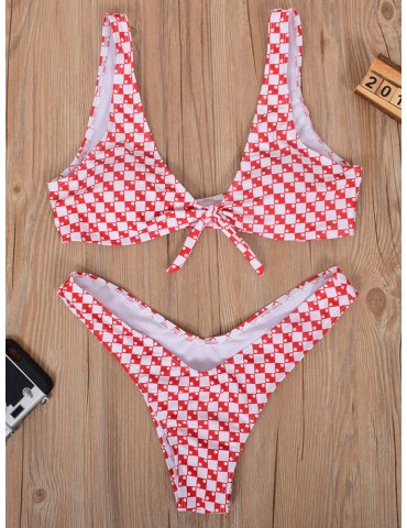 Lacing Bow Plaid Deep V String Bikini Sets Swimwear For Women