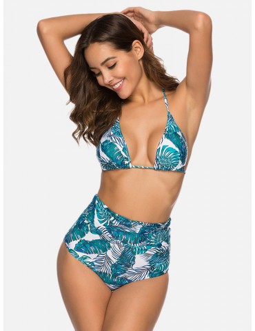 High Waisted Tummy Shaping Print Halter Bikinis By Newchic