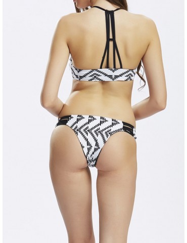 Women Sexy Geometric Printing Halter Bikini Bandage Hollow Out Bikini Sets