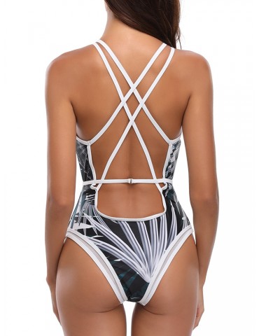 Sexy Deep V Palm Leaf Printed Strappy Back Monokini Swimsuit For Women