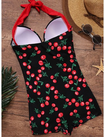 Bowknot Halter Cherry Printed Backless One-Pieces Swimwear
