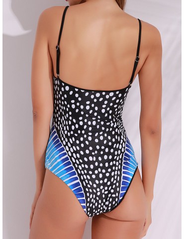 Retro Polka Dot Printed Backless Stretchy Hollow Out One-Pieces Swimwear For Women