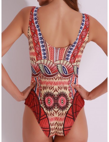 Retro Print U Back Wireless Bodysuit One Piece Swimsuit Swimwear For Women