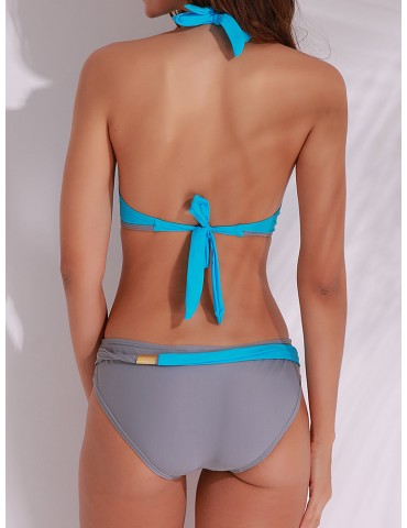 Sexy V-neck Halter Two-tone Patchwork Backless Wire Free Monokini Swimwear