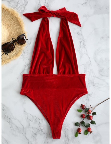 Halter Plunge Sexy Shape One Piece Backless Solid Color Women Swimwear