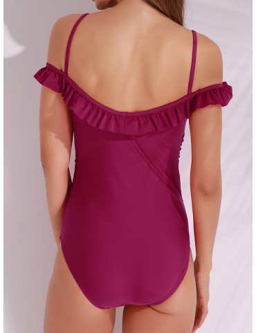 Women Sexy Off Shoulder One Piece Flounce Solid Color Swimwear