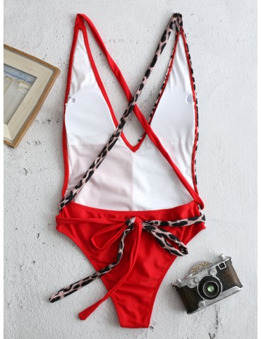 Leopard Print Slimming One Piece Patchwork Tie Belt Backless Sexy Women Swimwear