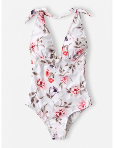 Floral Sexy Shape One Piece Snake Skin Print Plunge String Straps Women Swimwear