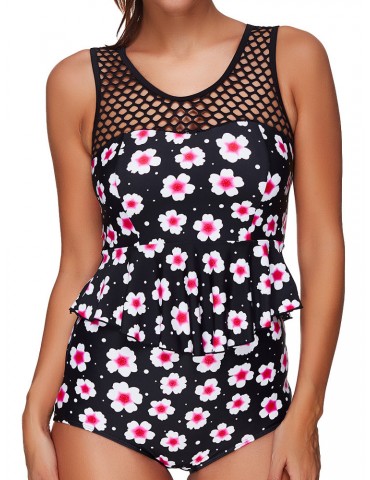 Mesh Flounces High Waist Two-piece Swimsuit Tankinis Swimwear For Women