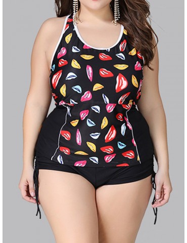 Plus Size Kiss Printed Hollow Out String Adjustable Vest Sports Tankinis Swimsuits For Women
