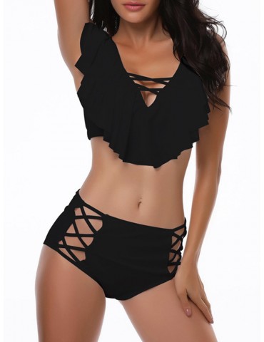 Plus Size Hollow Criss Cross Tankini Set Swimsuit Swimwear For Women