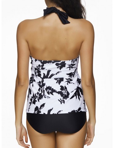 Watercolor Print Halter V Neck Bowknot Sexy Tankini Swimdress