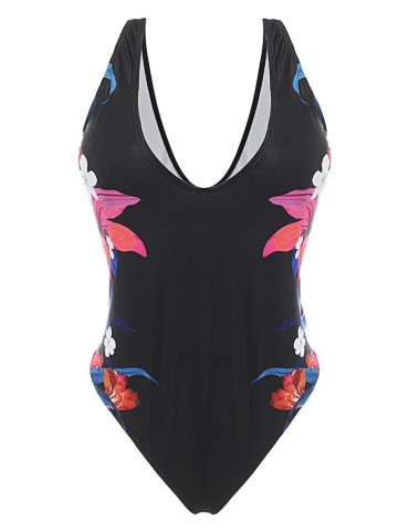 Plus Size Printed Deep V Sexy Backless Vest Monokini Swimsuits For Women