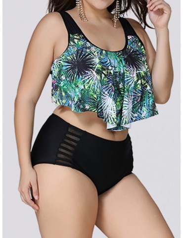 Plus Size Printed Flounce High Waist Mesh Patchwork Tankinis Swimsuits For Women