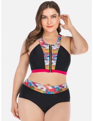 Plus Size High Waist Bikinis Women Swimsuits Zip Front Print Beachwear