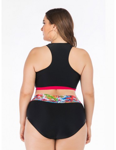 Plus Size High Waist Bikinis Women Swimsuits Zip Front Print Beachwear